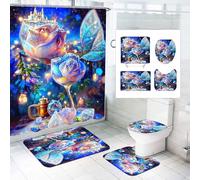 CHEFFS Rose Shower Curtains Set with Rugs 4-Piece Rose Shower Curtain Set with Rugs 4-Piece Flower Shower Curtain 180 x 180 cm 180 x 200 cm Pink Bathroom Rug 4-Piece Set (180 x 180 cm (W x H), 2)