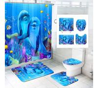 CHEFFS Shower Curtain 180 x 180 cm 180 x 200 cm Dolphin Fish Blue Ocean Animals Beach Shower Curtains Set Polyester Dolphins Plants Shower Curtains Bathroom Rug 4-Piece Set (120 x 200 cm (W x H), 6)