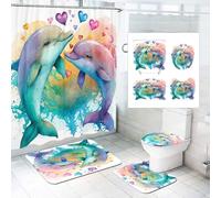 CHEFFS Shower Curtain 180 x 180 cm 180 x 200 cm Dolphin Fish Blue Ocean Animals Beach Shower Curtains Set Polyester Dolphins Plants Shower Curtains Bathroom Rug 4-Piece Set (200 x 200 cm (W x H), 4)