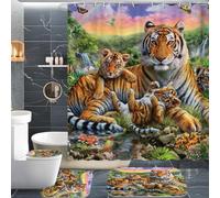 CHEFFS Tiger Shower Curtain 180 x 180 cm 180 x 200 cm Tiger Forest Animal Textile Shower Curtains Set Polyester Wild Animals Shower Curtains Bathroom Rug 4-Piece Set (200 x 200 cm (W x H), 4)