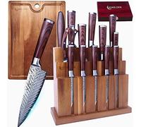 ChefHoablorn Damascus Knife Block Set 15PCS Kitchen Knife Set with Block Premium Chef Knife Stainless Steel,Japanese Kitchen Knife, with Exrtra Cutting Board Wine Corkscrew Set