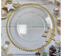 Chefline 13" Clear/Gold Decorative Glass Charger Plates Set of 4, 6, or 12 Elegant Dinner Plate for Weddings, Parties, Christmas & Events, Durable & Stylish, Sold (6, Clear Plate with Gold Beads)