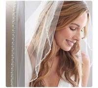 CHEFRU 1 Tier Wedding Veil Elegant Beads Crystal Pearls Edge White Ivory Long Bridal Veil with Comb Custom Delicate Cathedral Veil