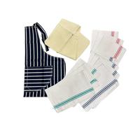 Chefs Cooking Apron & Oven gloves 100% Cotton for women men Cotton Baking School college Restaurants kitchen cooks Bistro Professional Red Stripped (Blue Apron + Gloves + T Towels)