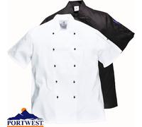 Portwest C734 Chef Jacket Protective Safety Short Sleeve Coat Stain Resistant Durable Workwear Unisex Professional Modern Chesfswear, Black, Large