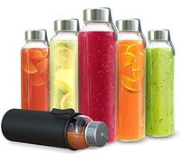 Chef's Star 18 Oz Clear Glass Water Bottles, Reusable Glass Juicing Bottles with Protection Sleeve and Stainless Steel Leak Proof Lids, Set of 6