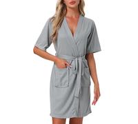 cheibear Womens Bath Robe Waffle Short Sleeve Wrapping Straps Soft Robe with Pocket Loungewear Grey S
