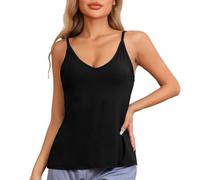 cheibear Womens Camisoles Base Layer Spaghetti Straps V Neck Sleeveless Pajama Sleep Tank Tops Black S