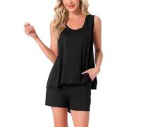 cheibear Womens Lounge Outfits with Pockets Rainbow Tank Tops with Shorts Stripe Pajama Sets Black XXL