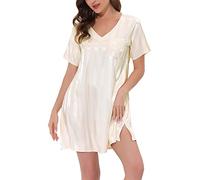 cheibear Womens Satin Nightgown Pajama Short Sleeve Striped Sleepwear Christmas Lounge Dress Apricot S
