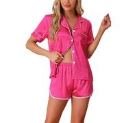 cheibear Womens Satin Pajamas Silky 2 Piece Short Sleeve Button Up Shorts Lounge Sets S-XXL Hot Pink L