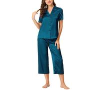 cheibear Womens Satin Pajamas Sleepwear Button Down Lounge Silk Set with Capri Pants Peacock Blue L
