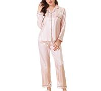 cheibear Womens Satin Stripe Button Down Tops with Pants Pajamas Pj Sets | Soft breathable fabric. Print notch collar design. Cozy for sleeping lounging. Enjoy comfortable sleep
