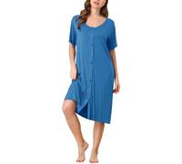 cheibear Womens Short Sleeve Nightshirt Button Down Modal Nightgown Sleepwear Pajama Dress Blues XL