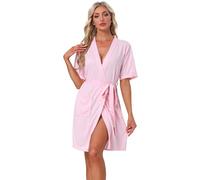 cheibear Womens Waffle Terry Short Sleeve Shawl Collar Bathrobe with Pocket | Soft breathable fabric. Pullover style with detachable belt. Cozy bedtime casual home relax. Lightweight.
