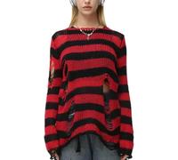 CheJooe Goth Y2K Striped Sweater Ripped Punk Gothic Sweaters Knitwear for Women Harajuku Aesthetic Halloween Pullover Tops(Red,Small)