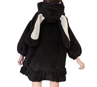 CheJooe Kawaii Lolita Rabbit Hooded Coats Cute Fluffy Rabbit Ears Goth Dress Fashion Bunny Girls Jacket Skirt Outwear Tops Autumn Winter Going out in spring and autumn (Color : Black, Size : L)