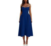 CheJooe WANWEN Spaghetti Strap Low Cut Bustier Off The Shoulder Dress, Sleeveless Corset Fit Midi Dress, Boho Elegant Sexy A-line Dress, with Pockets, Summer Casual Pleated Hem Beach Flowy Dress(Blue,