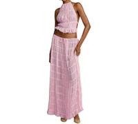 CheJooe Women sexy 2 Piece Maxi Skirt Set Lace Up Backless lace sleeveless Crop Tank Top Ruffle bodycon Flowy Long Skirt set Y2k Summer Outfits Beachwear (Color : Pink, Size : M)
