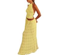 CheJooe Women sexy 2 Piece Maxi Skirt Set Lace Up Backless lace sleeveless Crop Tank Top Ruffle bodycon Flowy Long Skirt set Y2k Summer Outfits Beachwear (Color : Yellow, Size : M)