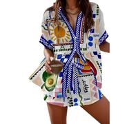 CheJooe Women's Summer Boho 2 Piece Shorts Set Floral Button Down Short Sleeve Shirt Drawstring Shorts Casual Tracksuit Set Beach Vacation Going Out Outfits(Floral/08,Large)