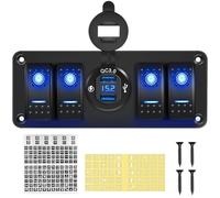 Chelhead 12V 4 Gang Low Voltage Rocker Switch Panel Middle Dual USB Charger LED Blue Backlit Wiring Connectors Waterproof Toggle Switch Panel with Voltmeter Pre-Wired Suitable for Cars RV