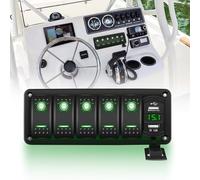 Chelhead 5 Gang Boat Switch Panel Dual USB Charger Green LED Backlit Pre-Wired Aluminum Rocker Switch Panel with Voltmeter Luminous Labels Compatible with Off-Road RV Trailer Truck SUV