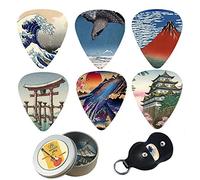 Cheliz Guitar Picks - 12 Medium Gauge Celluloid Guitar Picks In a Box W/Picks Holder. Unique Guitar Gift For Bass, Electric & Acoustic Guitars (Japanese Culture)