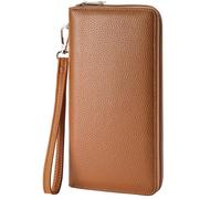 Chelmon Women's Wallet RFID Blocking Long Clutch Zip Around Travel Leather Purse Large Capacity Credit Card Holder with Grip Hand Strap, Genuine Leather Brown, One Size, Large Capacity