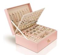Chelory Jewellery Box Organiser for Women Girls, 3 Layer Large Jewellery Storage Case for Rings Earrings Necklace Bracelets Faux Leather Jewelry Gift Box (Pink)