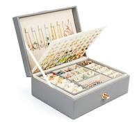 Chelory Jewellery Box Organiser for Women Girls, 3 Layer Large Jewellery Storage Case for Rings Earrings Necklace Bracelets Faux Leather Jewelry Gift Box (Grey)