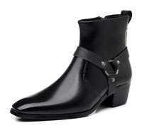 Chelsea Boots For Men | Pu Block Heel Pointed Toe Side Zip | Pointed Toe With Metal O-Ring Harness Detail. Durable Pu Leather, Side Zipper