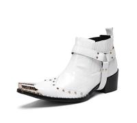 Chelsea Boots White Dress for Men Prom Casual Genuine Leather Pull On Belt Buckle Metal Tip Ankle Boot Mens Fashion Tuxedo Wedding Ballroom Party Disco Western Cowboy Boots for Men (8.5,White 3)