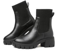 Chelsea Boots Women Ankle Black Boots For Women Uk Platform Ladies Walking Waterproof Elastic Chunky Heel Lug Sole Slip On Boot Winter Booties Size 3.5 Uk Artificial Leathe Botines Para Mujer Combat