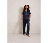 Chelsea Peers Satin Lace Trim Button Up Pyjama Set Navy