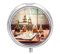 Chemistry Lab Pill Box for Pocket Round Pill Box 3 Compartment Decorative Portable Travel Pill Holder Tablet Vitamin Organizer Mini Pill Case