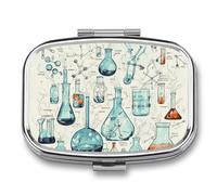Chemistry Print Pill Box 2 Compartment, Portable Pill Case with Mirror for Pocket Purse Travel, Mini Metal Medicine Organizer for Vitamins Fish Oil