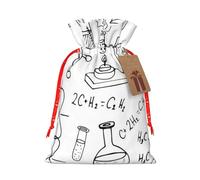 Chemistry Print Printed Christmas Drawstring Bags with Red Christmas Ribbon - Reusable Burlap Drawstring Gift Pouches, S