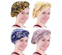 Chemo Cancer Head Hat Cap Ethnic Bohemia Pre-Tied Twisted Braid Hair Cover Wrap Turban Headwear (4 Pcs D Black White Navy Blue Pink Paisley)