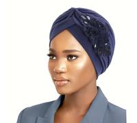 Chemo Headwear Beanie Hat Women Pre Tied Headscarf Turban Headwrap Scarf Fully Lined Pearl Jewelled Sequin (Navy, One Size)