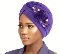 Chemo Headwear Beanie Hat Women Pre Tied Headscarf Turban Headwrap Scarf Fully Lined Pearl Jewelled Sequin (Purple, One Size)