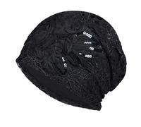 Chemo Turban Flower Beanie Cap Lace Pleated Hair Loss Hat Cancer Headwear for Women Black