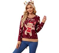 CHEMYO Women's Contrast Color Christmas Sweater - Jacquard, Long Sleeve Round Neck Knit Pullover, Fashionable for Autumn Winter Daily Wear & Xmas Gatherings