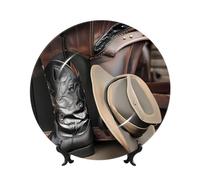 chenfandi Cowboy Black Hat Western Boots 6in Decorative Plate, Bone China Plate, with Stand, Suitable for Study, Office, entryway, etc.