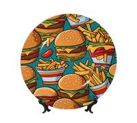chenfandi Cute Burger Fries 6in Decorative Plate, Bone China Plate, with Stand, Suitable for Study, Office, entryway, etc.