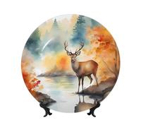 chenfandi Deer by the River 7in Decorative Plate, Bone China Plate, with Stand, Suitable for Study, Office, entryway, etc.