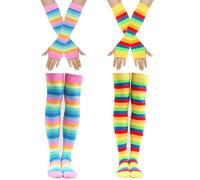 Chenflying 2 Pcs Womens Girls Cosplay Rainbow Striped Knee High Socks Stockings Leg Arm Warmer Fingerless Gloves Set