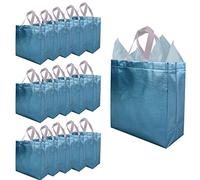 CHENGBAI TOTE Blue Reusable Gift Bags with Handles 15 Pcs, Metallic Bling Shimmer Design Gift Wrap in Bulk for Birthday, Weddings, Holiday
