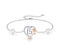 CHENGHONG 15th Birthday Bracelet, Roseflower Heart Bracelet 925 Sterling Silver Number 15th Birthday Anniversary Initial Bracelets Personalised Jewellery Gift for Women Girls……