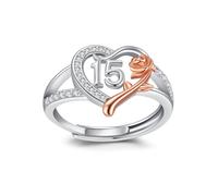 CHENGHONG 15th Birthday Ring, Adjustable Ring 925 Sterling Silver Roseflower Heart Number 15th Birthday Anniversary Ring Personalised Jewellery Gift for Women Girls…